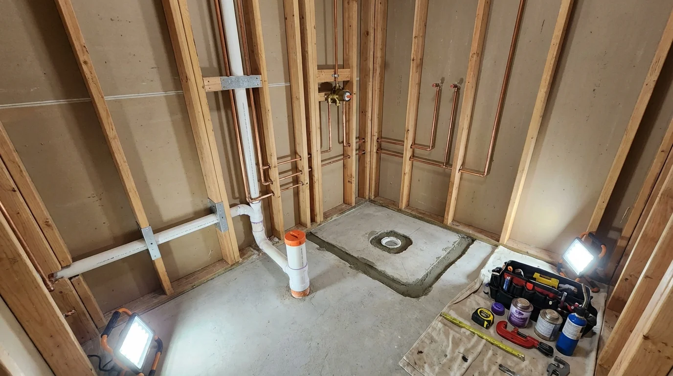 Bathroom rough-in plumbing during remodel by Johns Plumbing LLC in Sherman Oaks