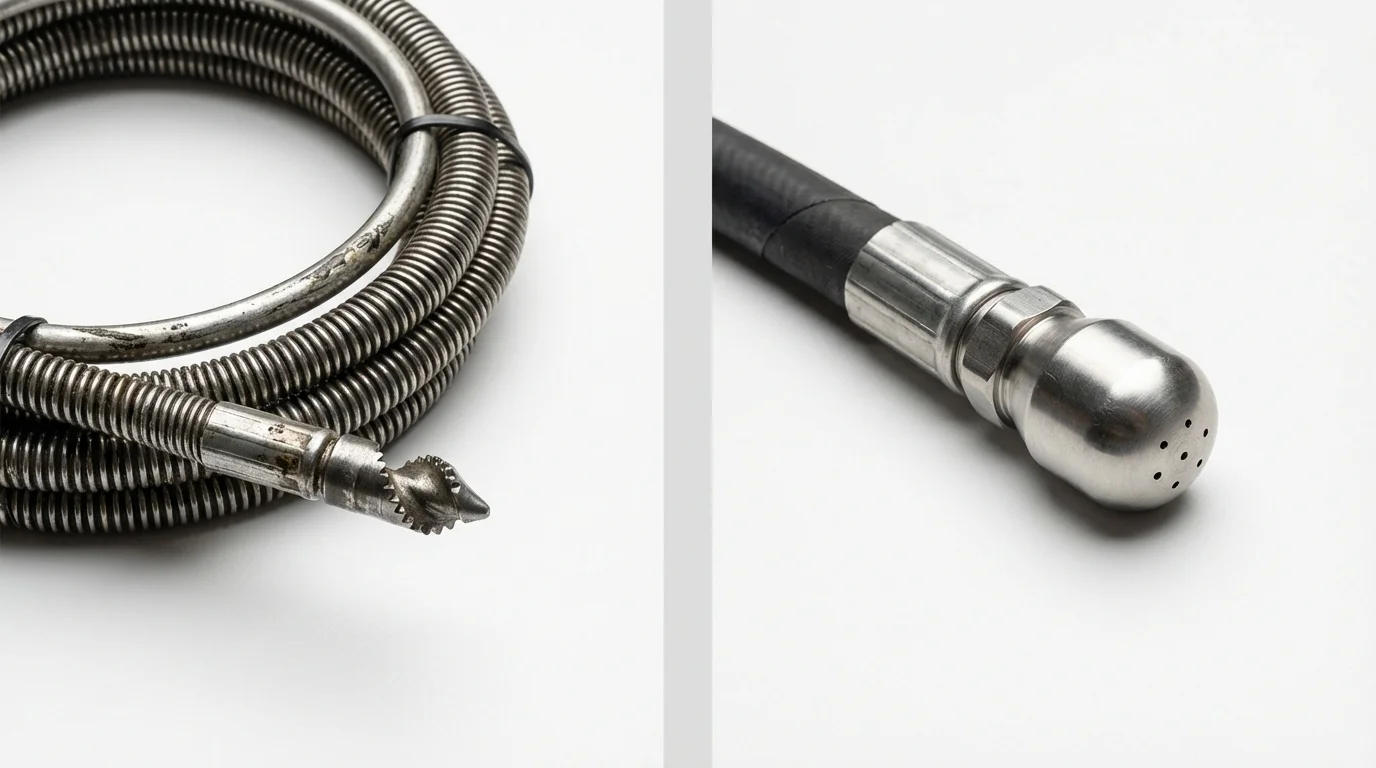 Drain snake cable and hydro jetting nozzle used for drain cleaning in Sherman Oaks, CA