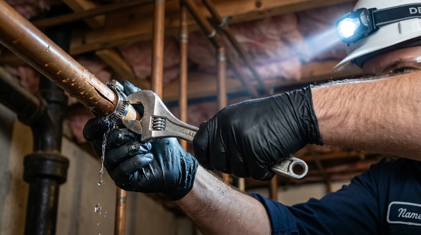 Emergency pipe clamp repair being performed by a Johns Plumbing LLC plumber in Sherman Oaks