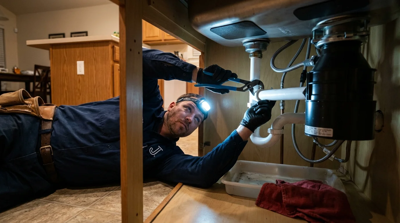 P-trap and supply line connections under a kitchen sink showing a common leak point in Sherman Oaks, CA